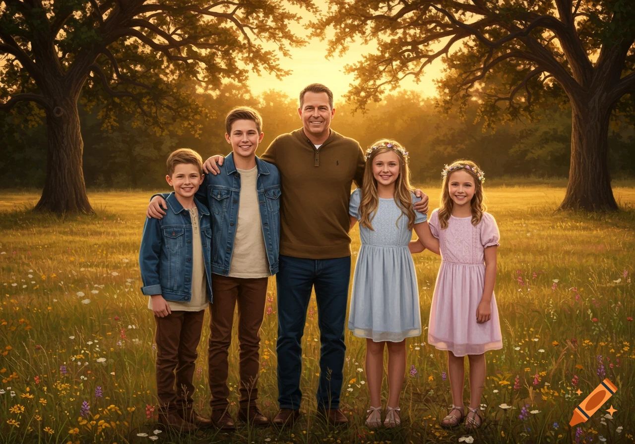 A photorealistic family portrait of a father, two sons, and two daughters standing in a wildflower field with trees at sunset.
