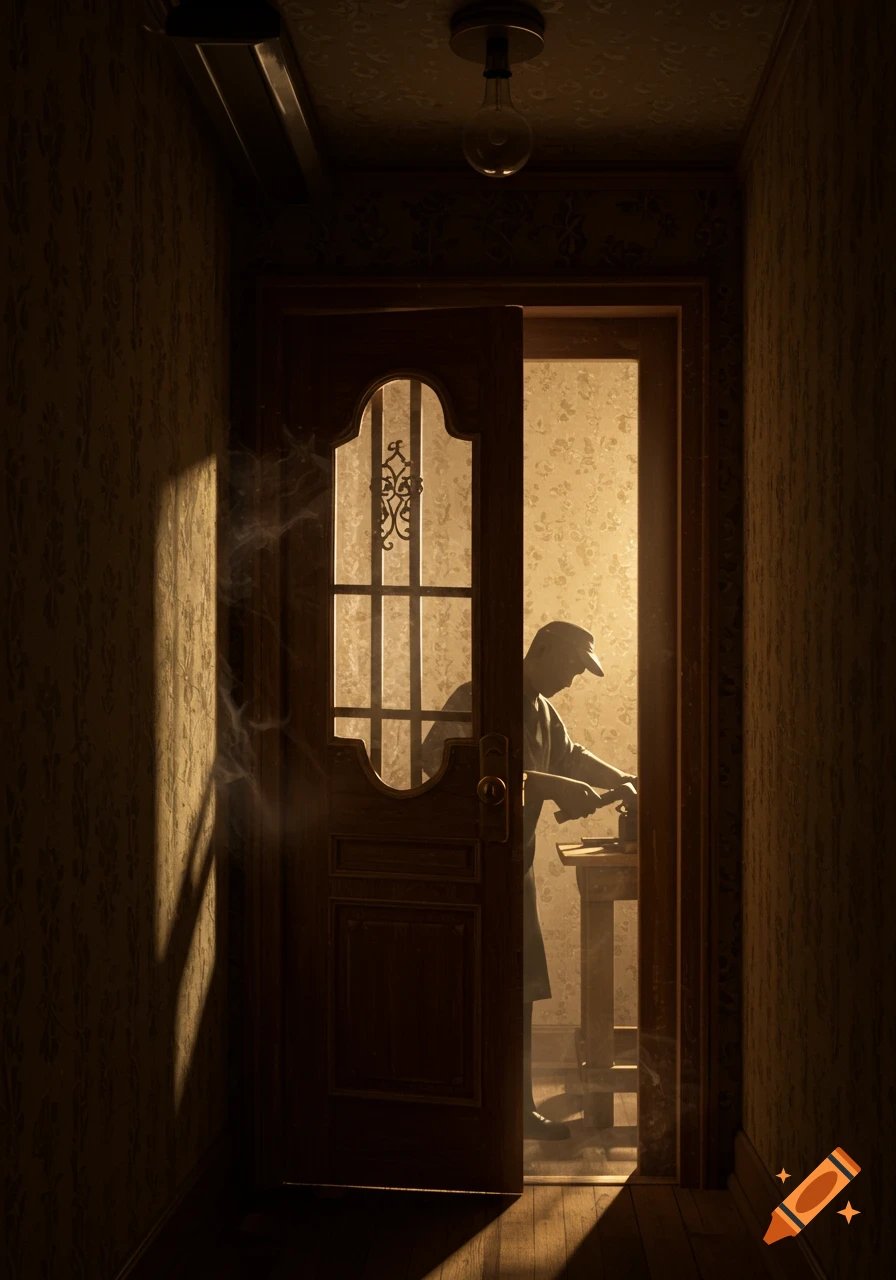 A silhouetted workman works at a table behind a partially open door in a dimly lit, atmospheric interior with light rays and dust.