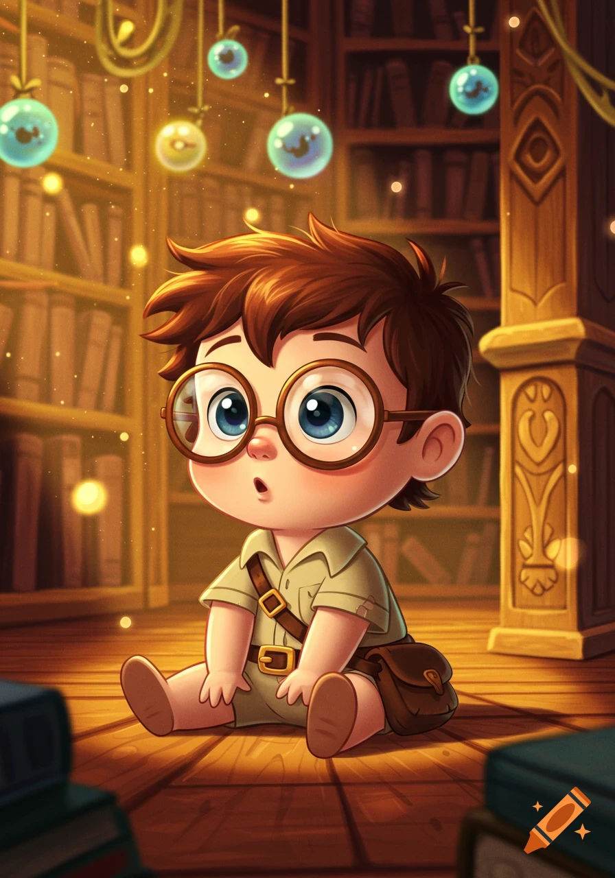 A cute, wide-eyed baby cartoon boy with large glasses sits on a wooden floor in a magical library with glowing orbs.