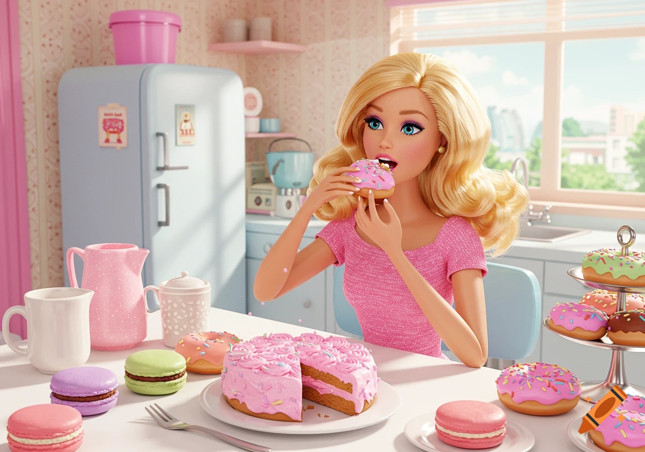 A Barbie doll with blonde hair eats a pink donut in a brightly lit, pink and blue kitchen, with a pink cake, macarons, and more donuts on the table.
