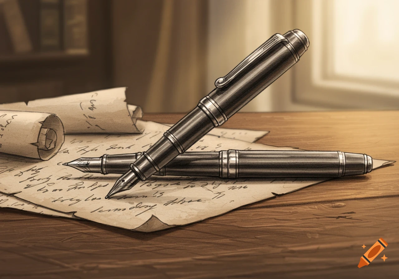 Two vintage fountain pens lie on old parchment paper with handwritten script on a wooden desk.