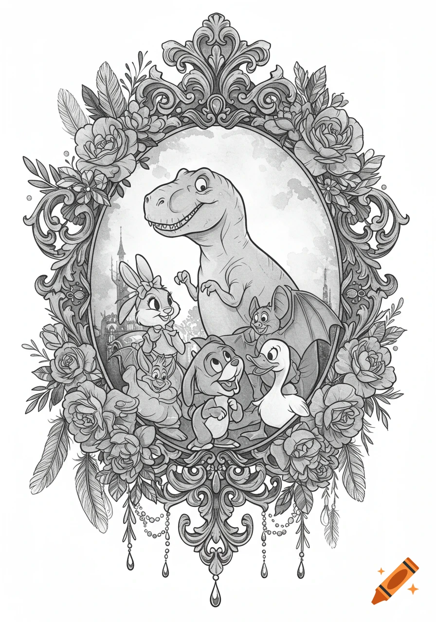 A black and grey illustration of a cartoon T-rex, bunny, bat, and duck inside an oval frame, surrounded by a gothic floral border with feathers and beads.