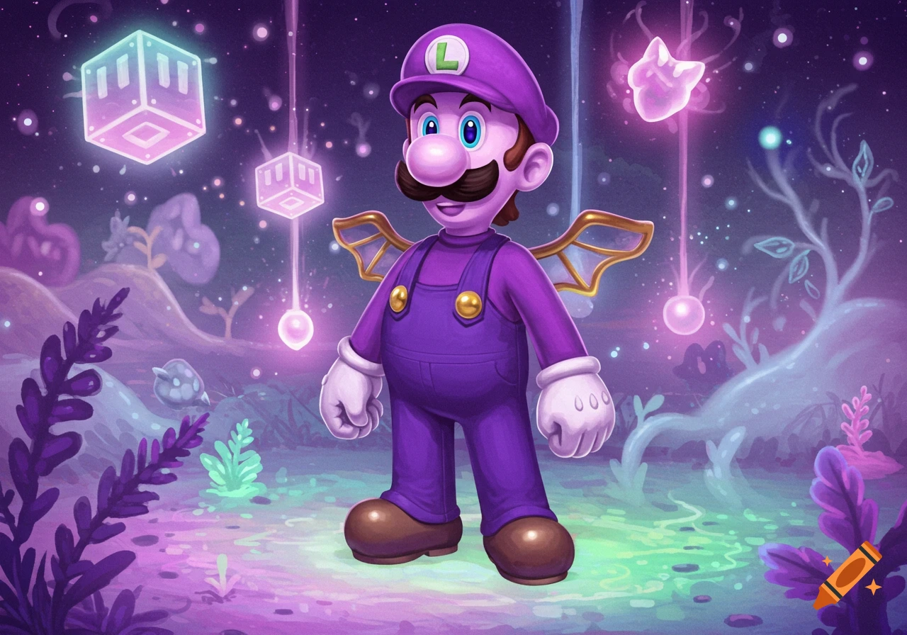 A purple Luigi-like character with golden wings stands in a vibrant, glowing alien landscape with floating cubes.