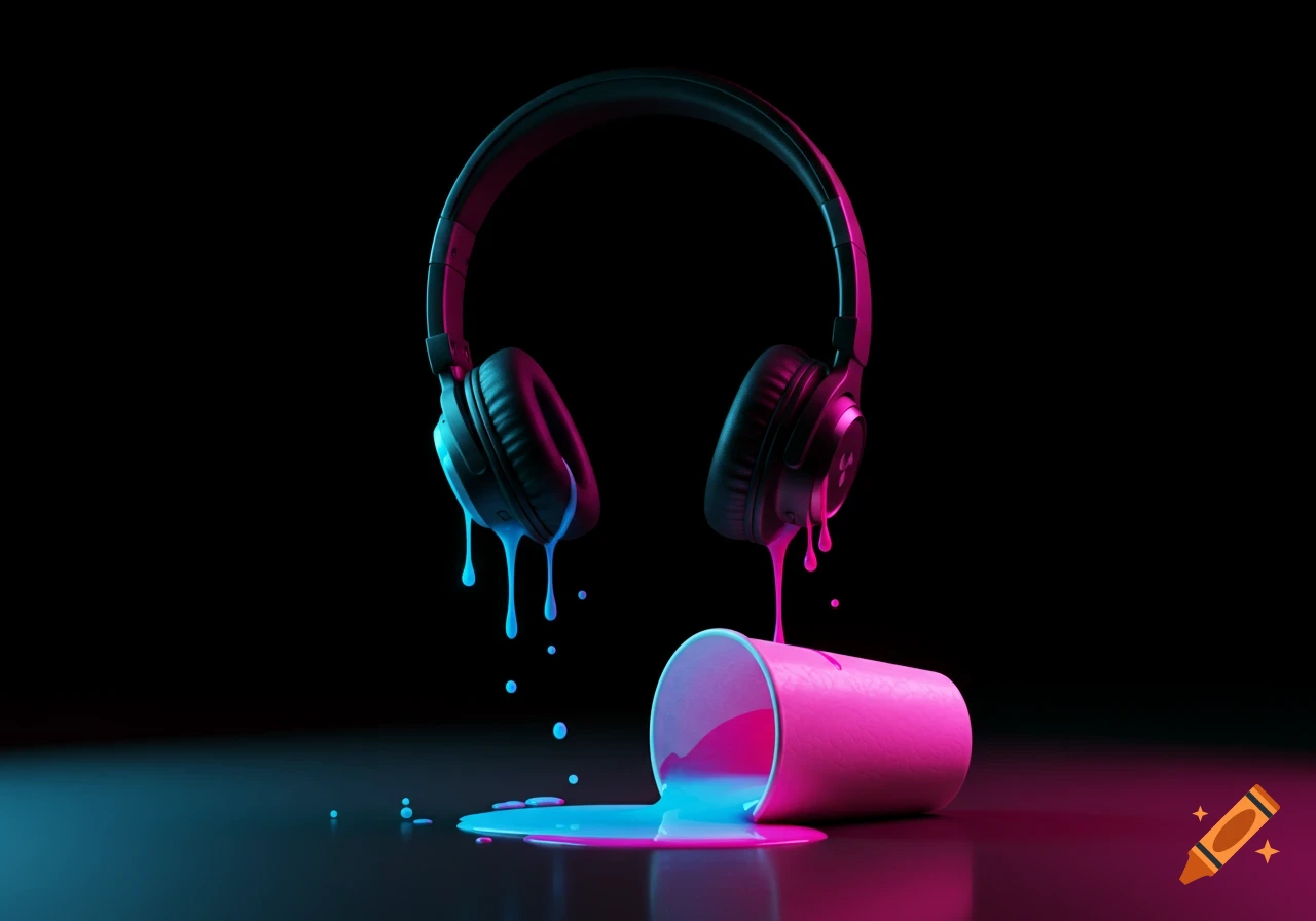 Headphones and a fallen cup with dripping neon pink and blue liquid on a dark surface, with reflections.