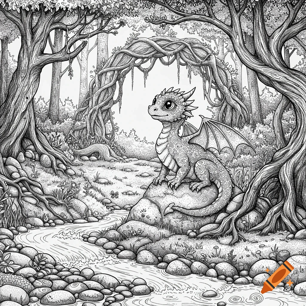 A cute baby dragon sits on a rock by a stream in a forest, depicted in detailed black and white line art.