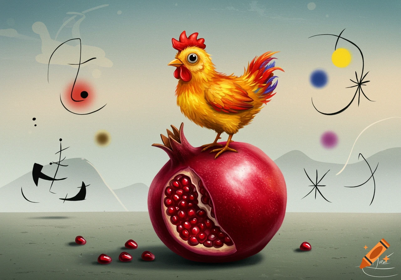 A vibrant, cartoonish chicken stands atop a large, partially opened pomegranate filled with seeds, all depicted in a surreal, abstract painting style with floating shapes and lines reminiscent of Miro.