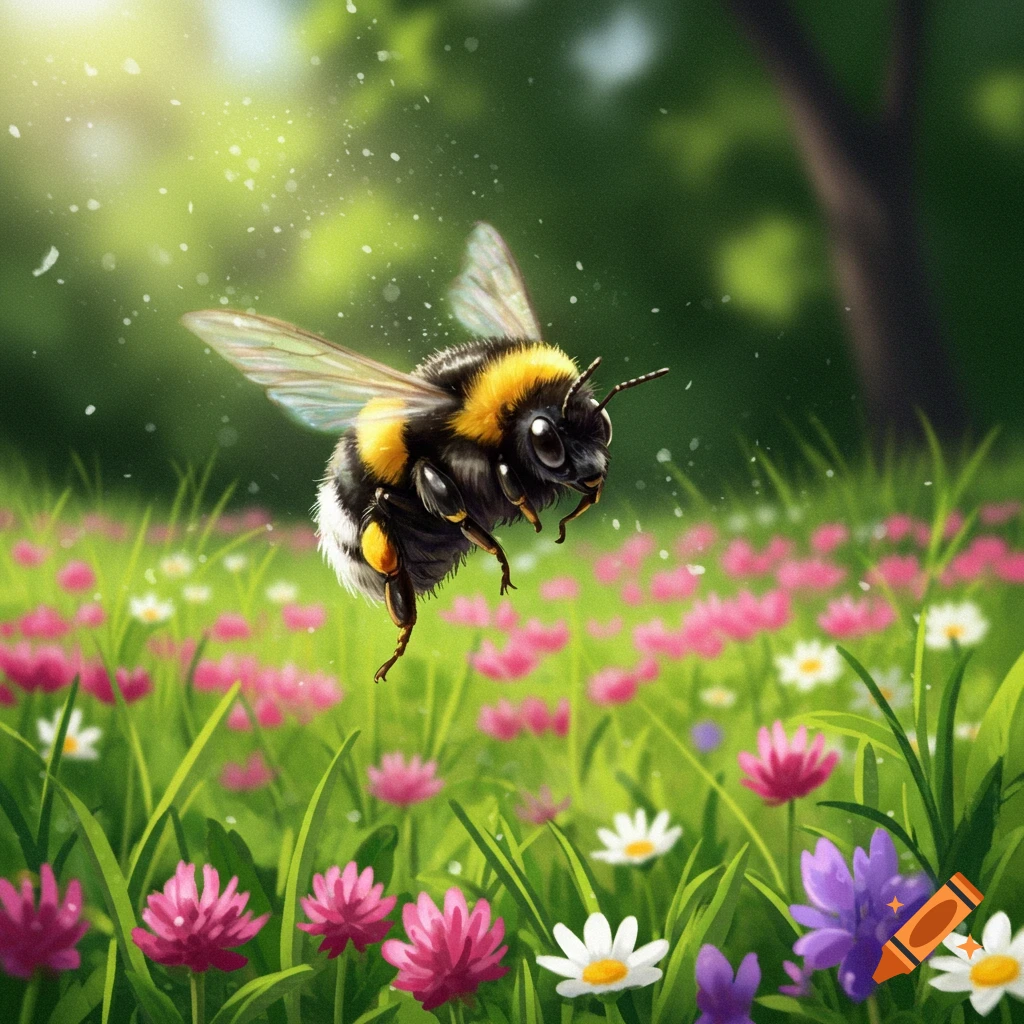 A cute bumblebee flies over a vibrant green field filled with pink, white, and purple flowers under a sunny sky.