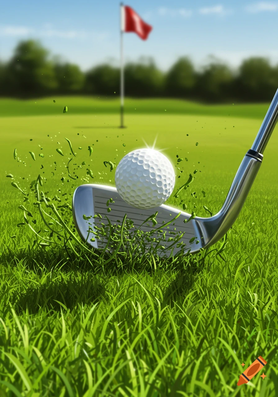 A golf club hits a golf ball, kicking up grass on a bright green golf course with a red flag in the distance.