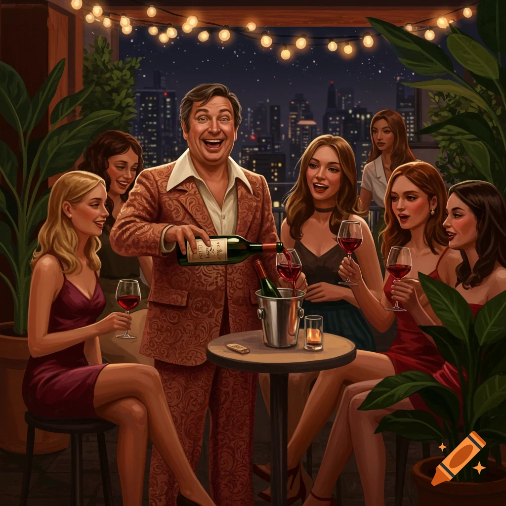 A jovial middle-aged man in a patterned leisure suit pours wine for several young women on a festive city rooftop balcony at night.