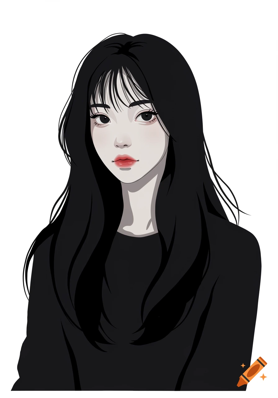 Stylized illustration of a woman with long black hair and bangs, wearing a black shirt, against a white background.