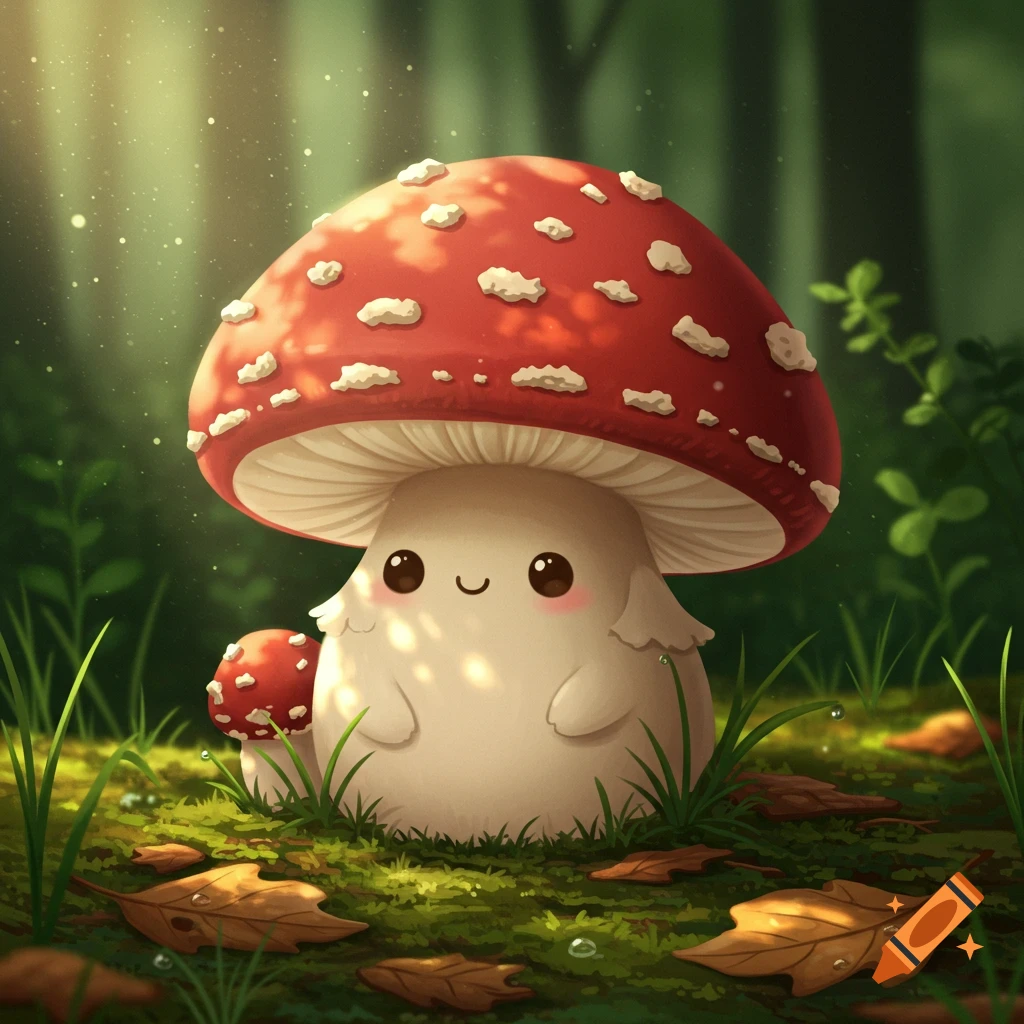 A cute, smiling mushroom character with a red cap and white spots stands in a sunlit forest, surrounded by grass and fallen leaves.