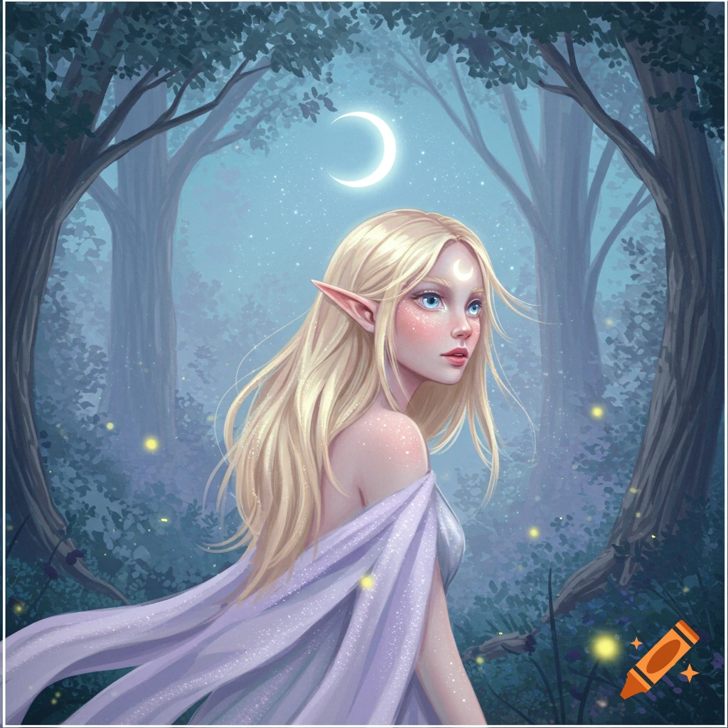 Ethereal blonde elf woman with long hair and pointed ears in a mystical forest under a crescent moon, illustration.