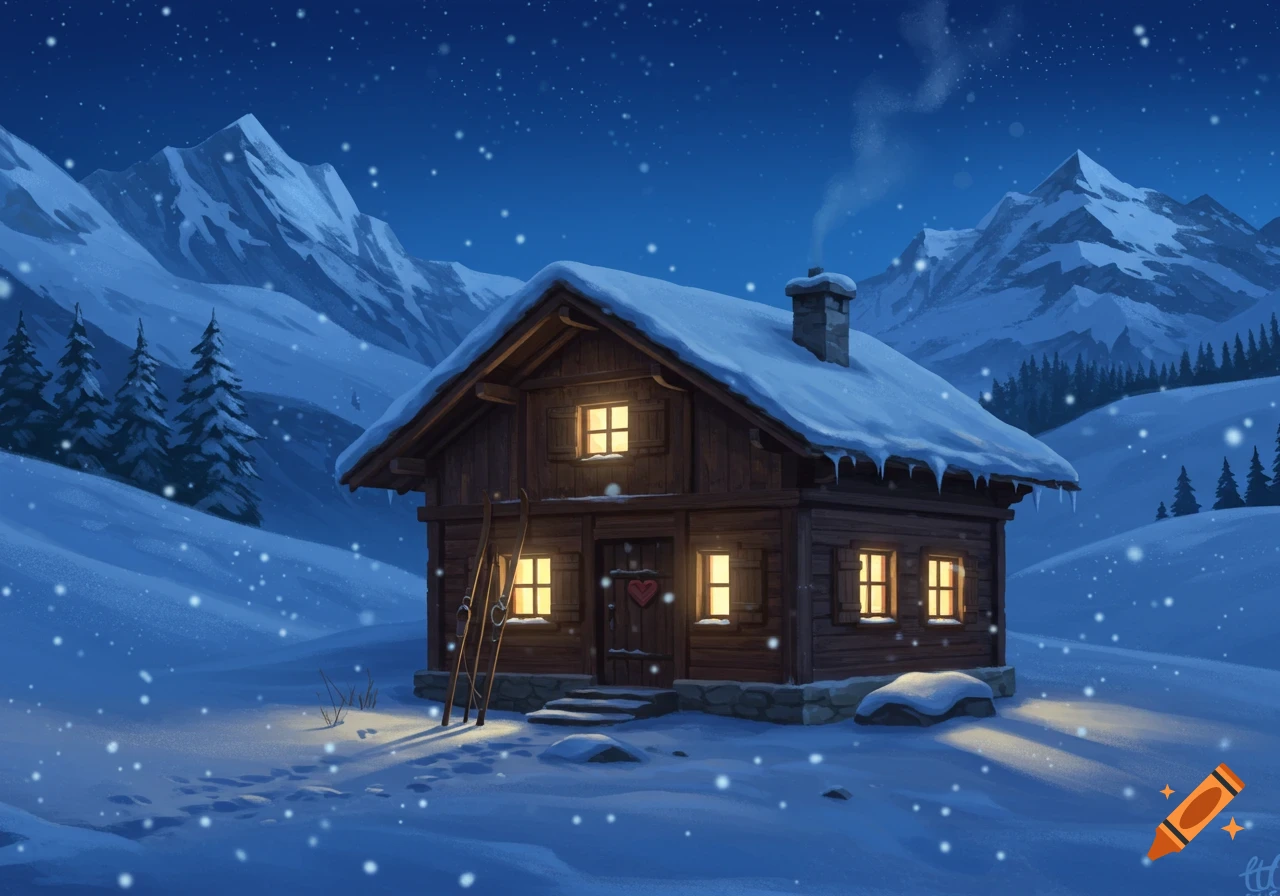 Cozy wooden cabin covered in snow at night, with skis leaning against its wall, against snowy mountains under a starry sky.
