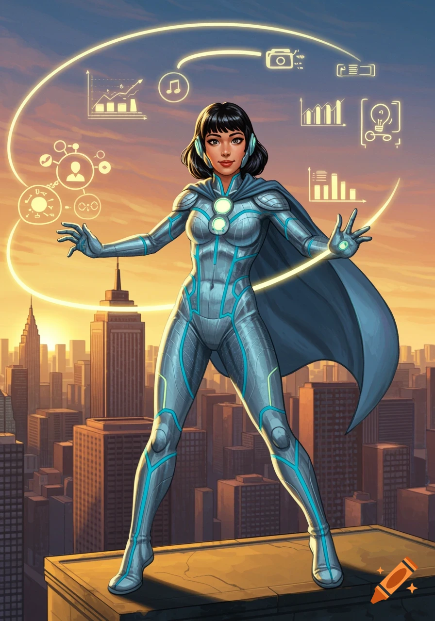A female superhero in a futuristic suit and cape stands on a rooftop overlooking a city, surrounded by glowing data icons.