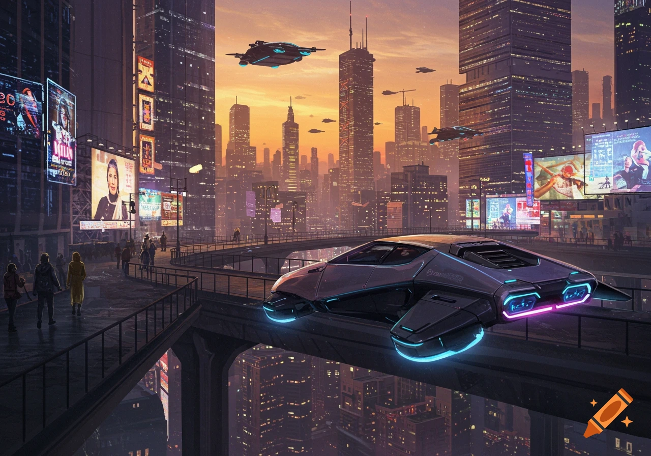 A futuristic cityscape at sunset, with sleek flying cars on elevated highways and tall buildings adorned with glowing billboards.