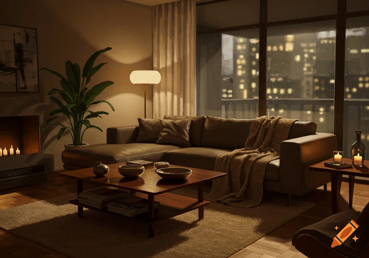 A comfortable modern living room at night with a large sofa, coffee table, fireplace, and a city skyline visible through a window.