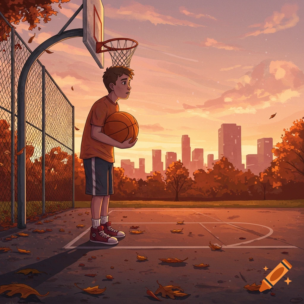 A cartoon illustration of a boy holding a basketball on an outdoor court at sunset, with autumn leaves and a city skyline.