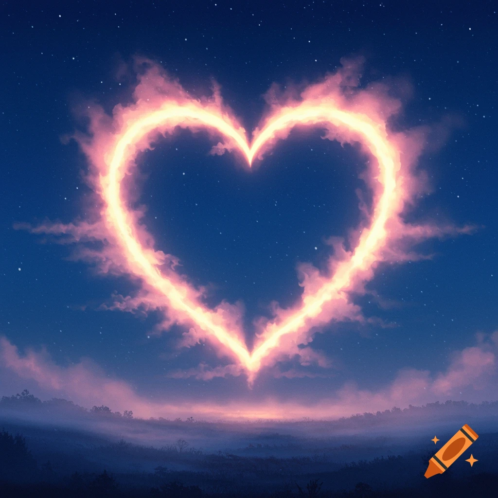 A glowing heart shape made of light and mist floats in a starry night sky above a misty landscape.