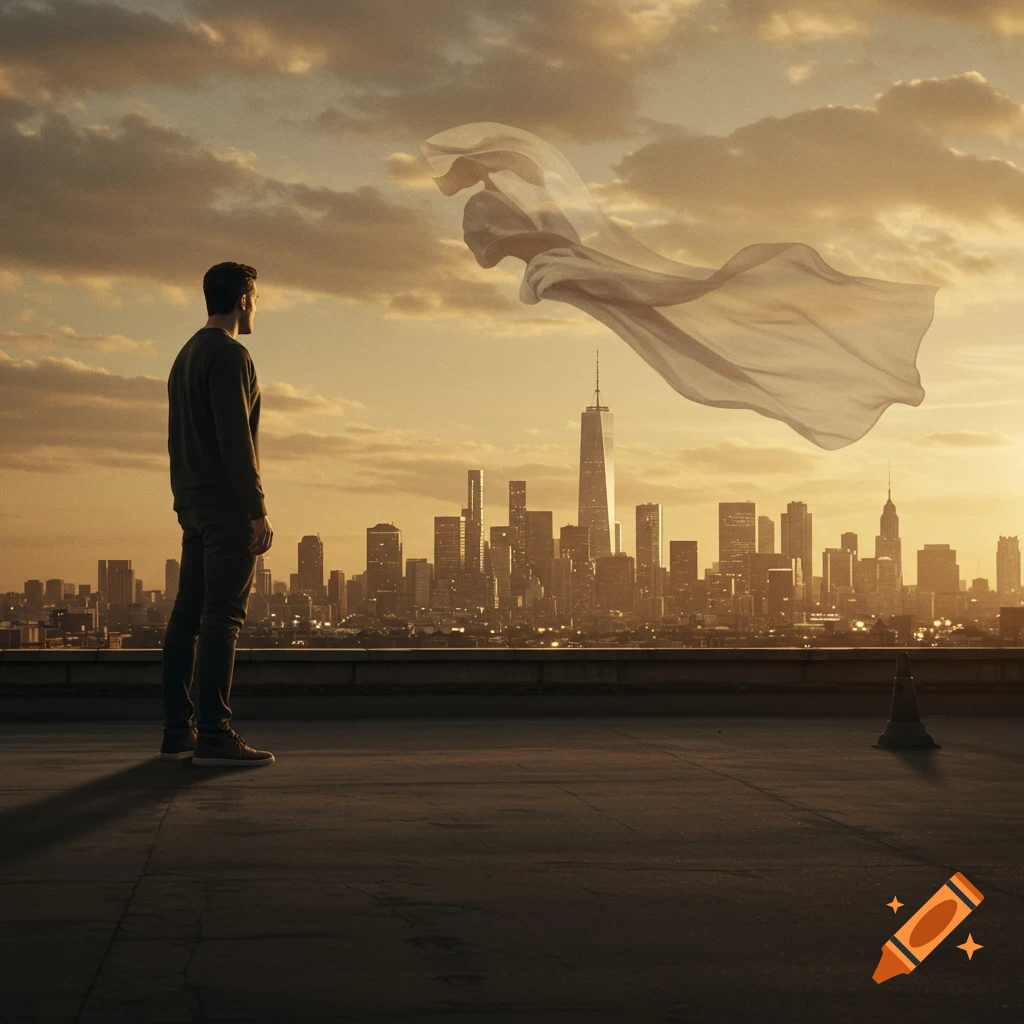 A man stands on a rooftop overlooking a city skyline at sunset, gazing at a flowing, translucent phantom shape in the sky.
