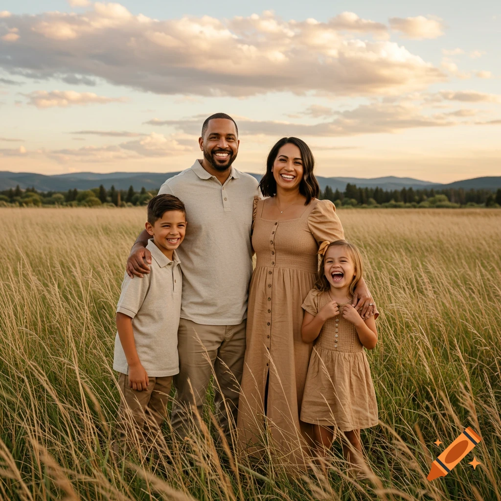 A smiling family of four, including a mother, father, son, and daughter, stand in a golden field at sunset with mountains in the distance.