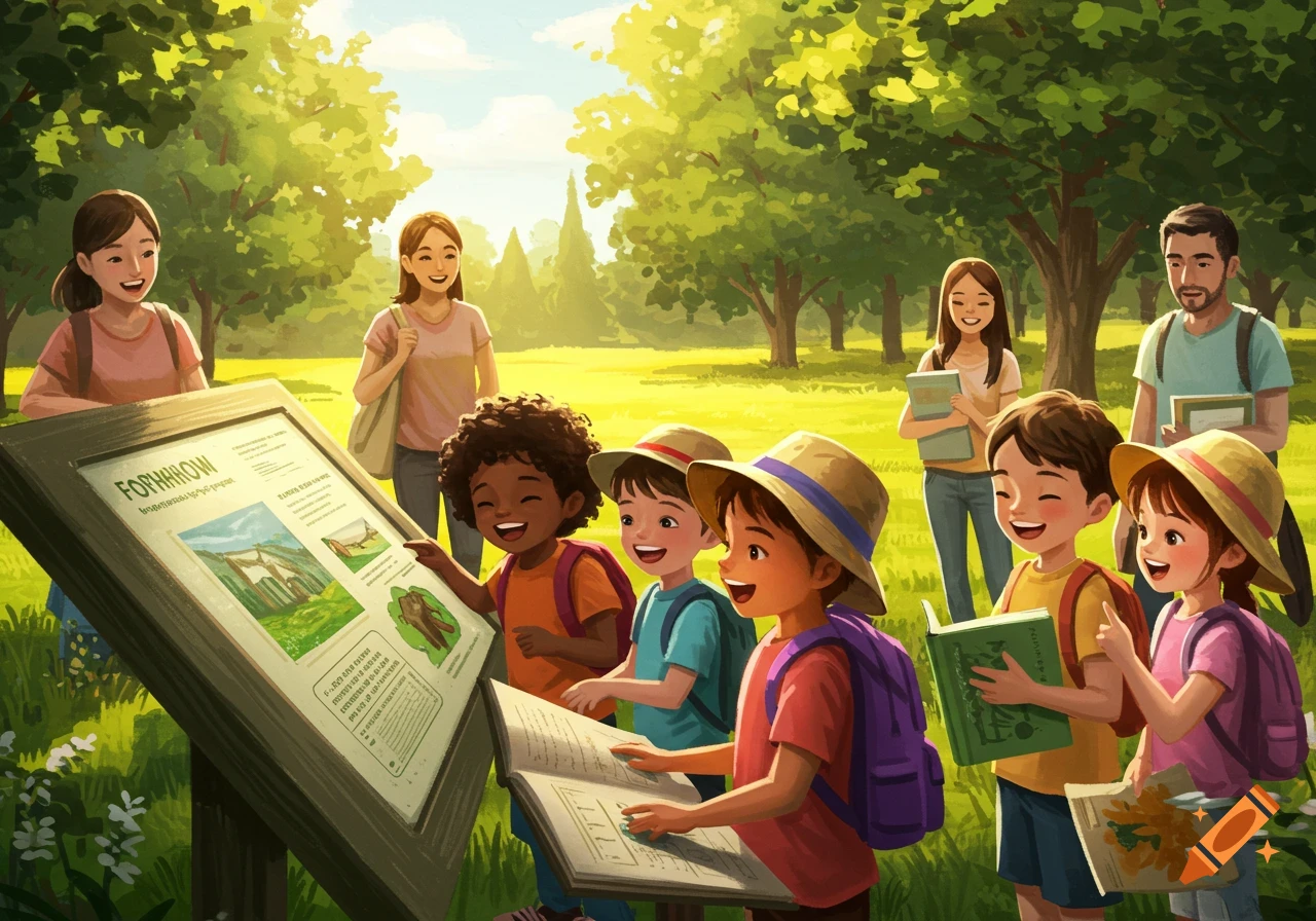 A group of happy children and adults look at an educational sign and books in a sunny park during a field trip, in a colorful illustration style.