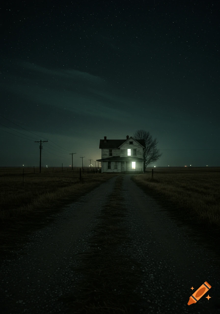 An isolated, eerie old house with glowing windows stands in a vast field under a starry night sky, with a dirt road leading to it.