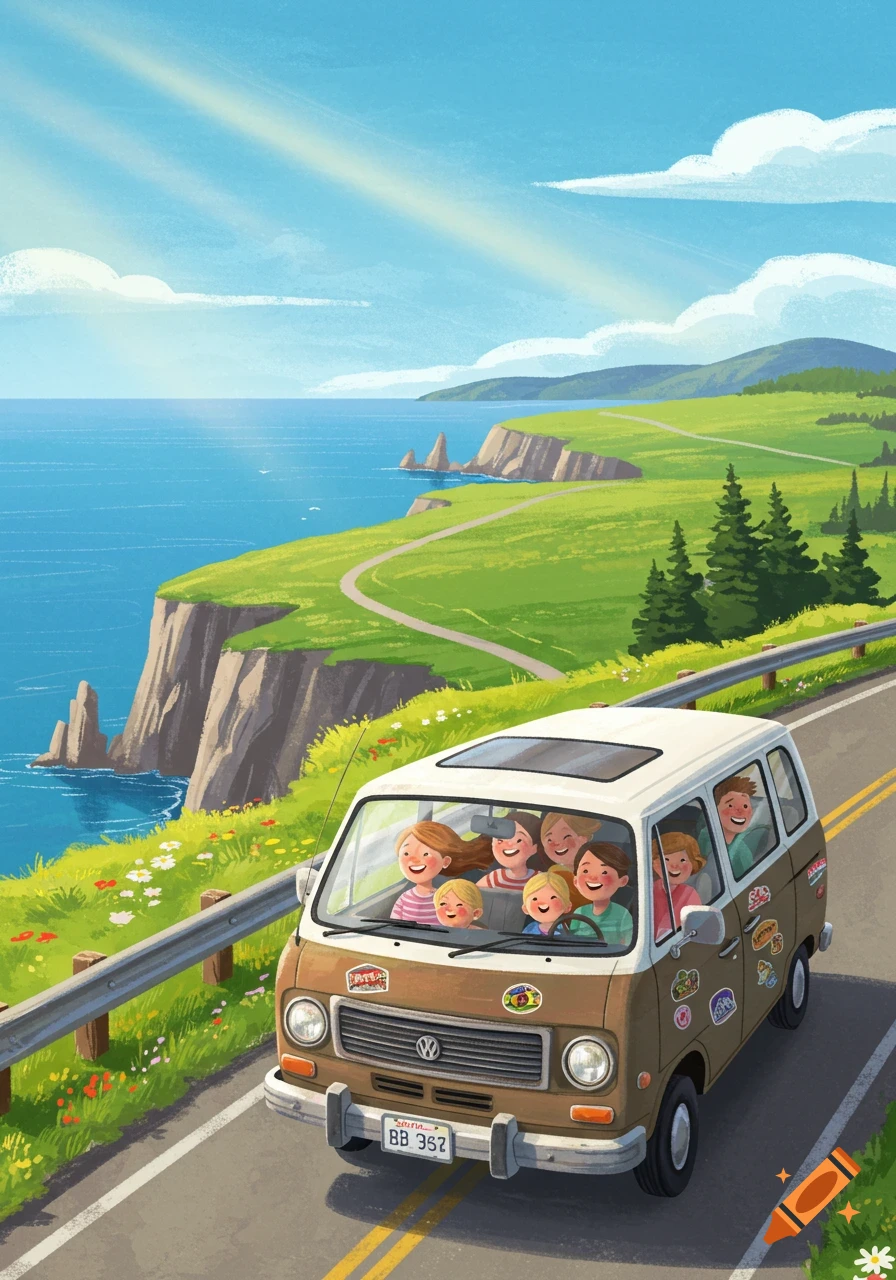 A family of 7 smiles in a brown minivan driving along a winding coastal road overlooking blue ocean cliffs and green hills under a sunny sky in an illustrated style.