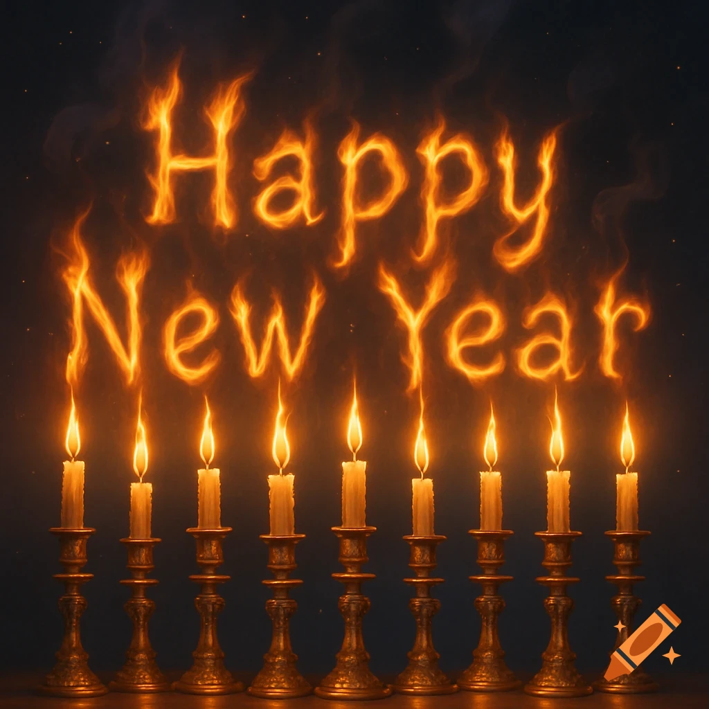 Bright orange flames spell 'Happy New Year' above a line of nine lit candles in brass holders on a dark background.