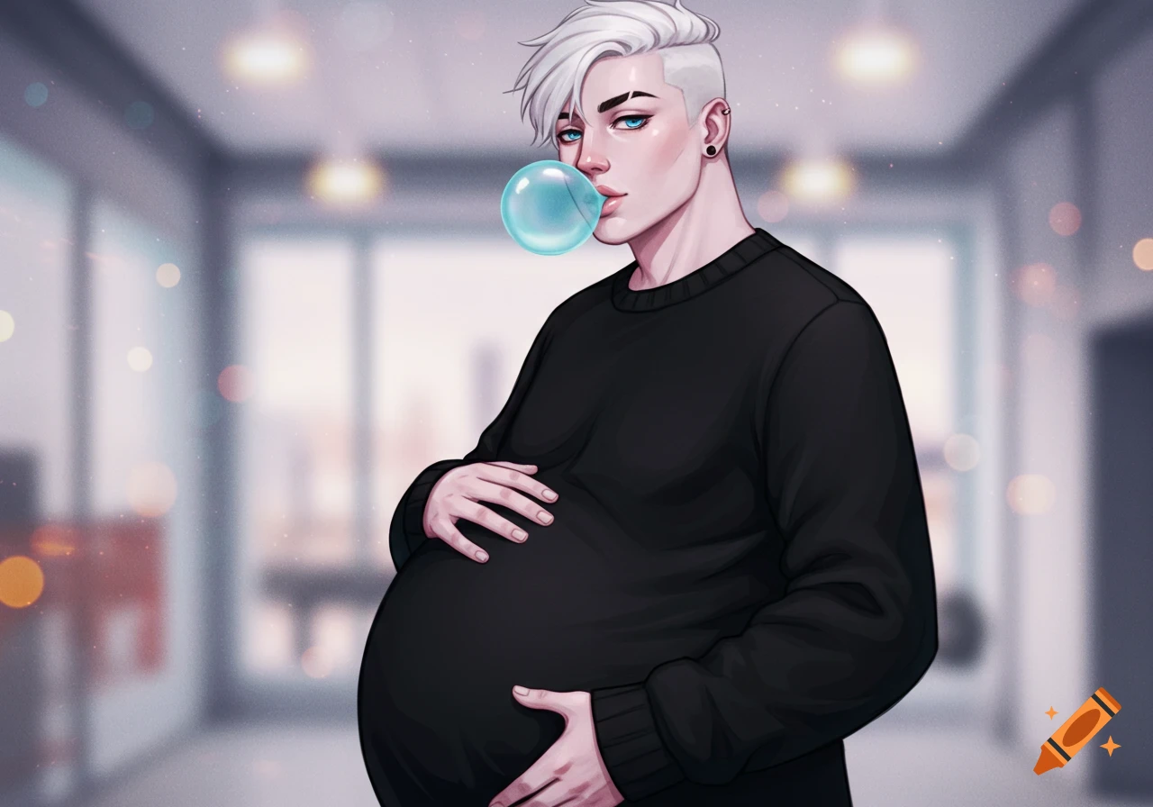 An anime character with white hair and blue eyes, wearing a black sweater, is pregnant and blowing blue bubblegum while holding their belly.