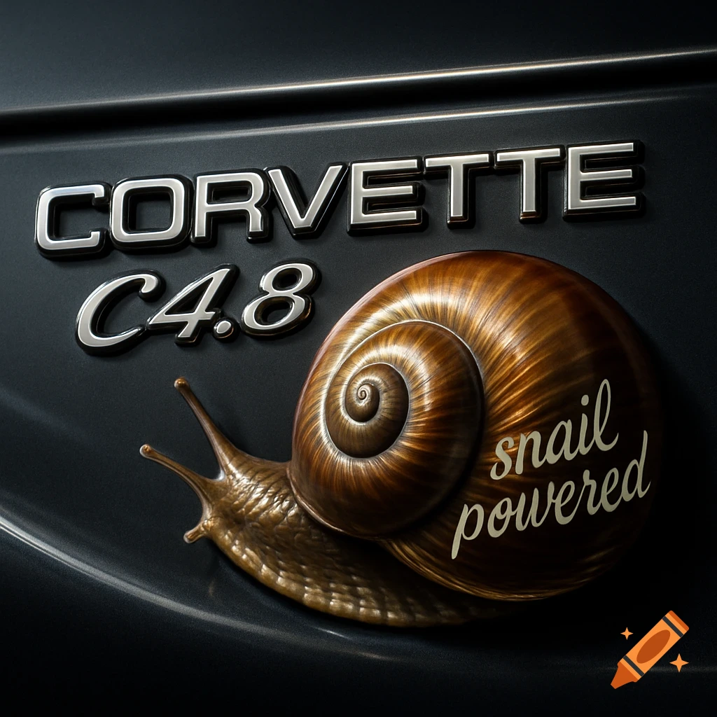 Photorealistic close-up of a car emblem reading 'CORVETTE C4.8' next to a snail with 'snail powered' written on its shell.