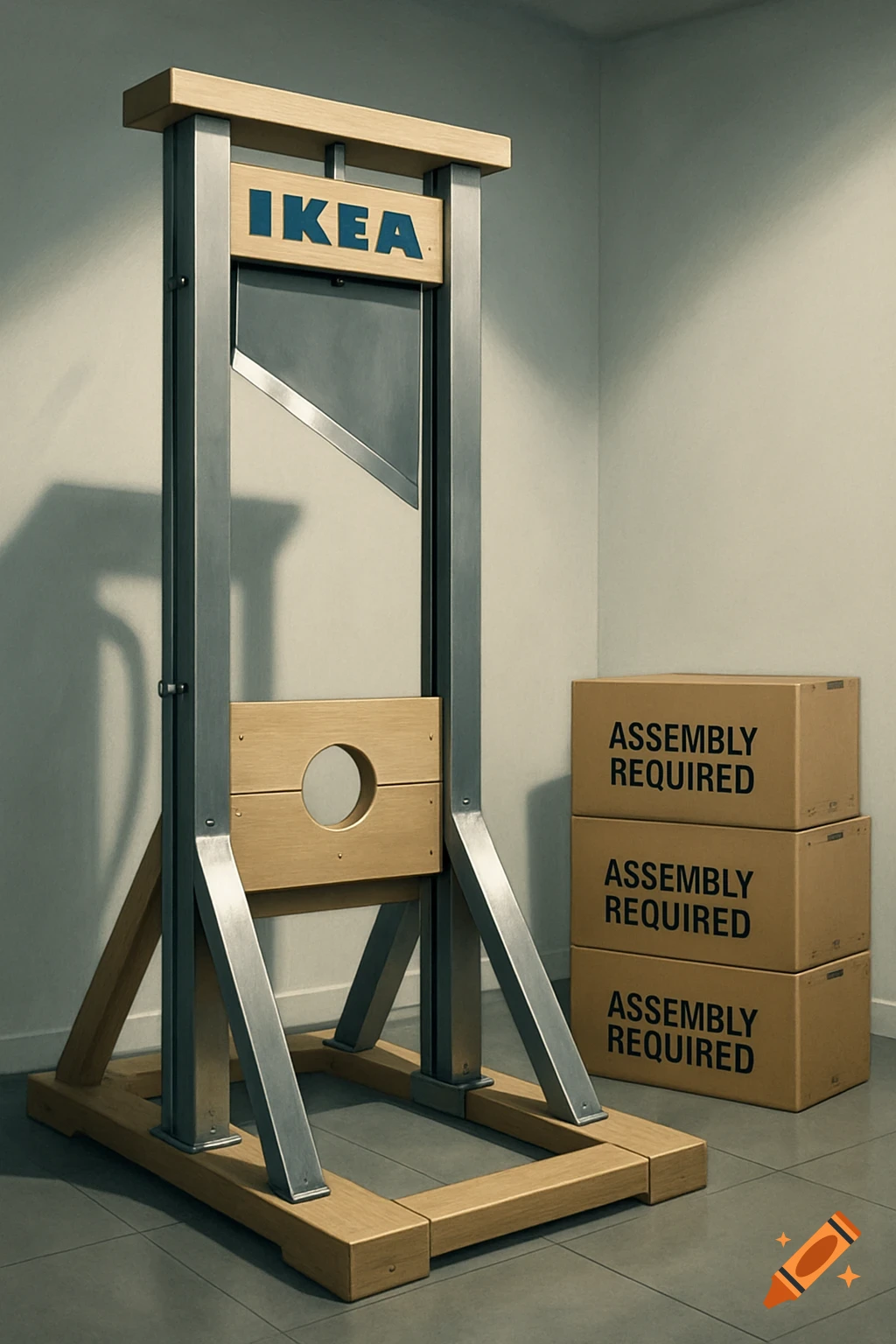 A photorealistic IKEA-branded guillotine stands in a room, with stacked 'ASSEMBLY REQUIRED' cardboard boxes beside it.
