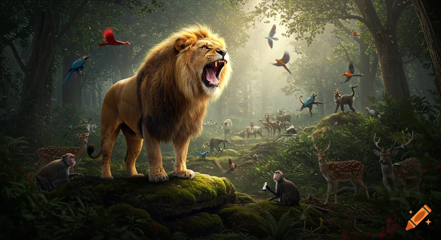 A majestic golden-maned lion with an open mouth roars fiercely atop a mossy boulder in a vibrant, misty forest, surrounded by various wild animals like deer, monkeys, and colorful birds.