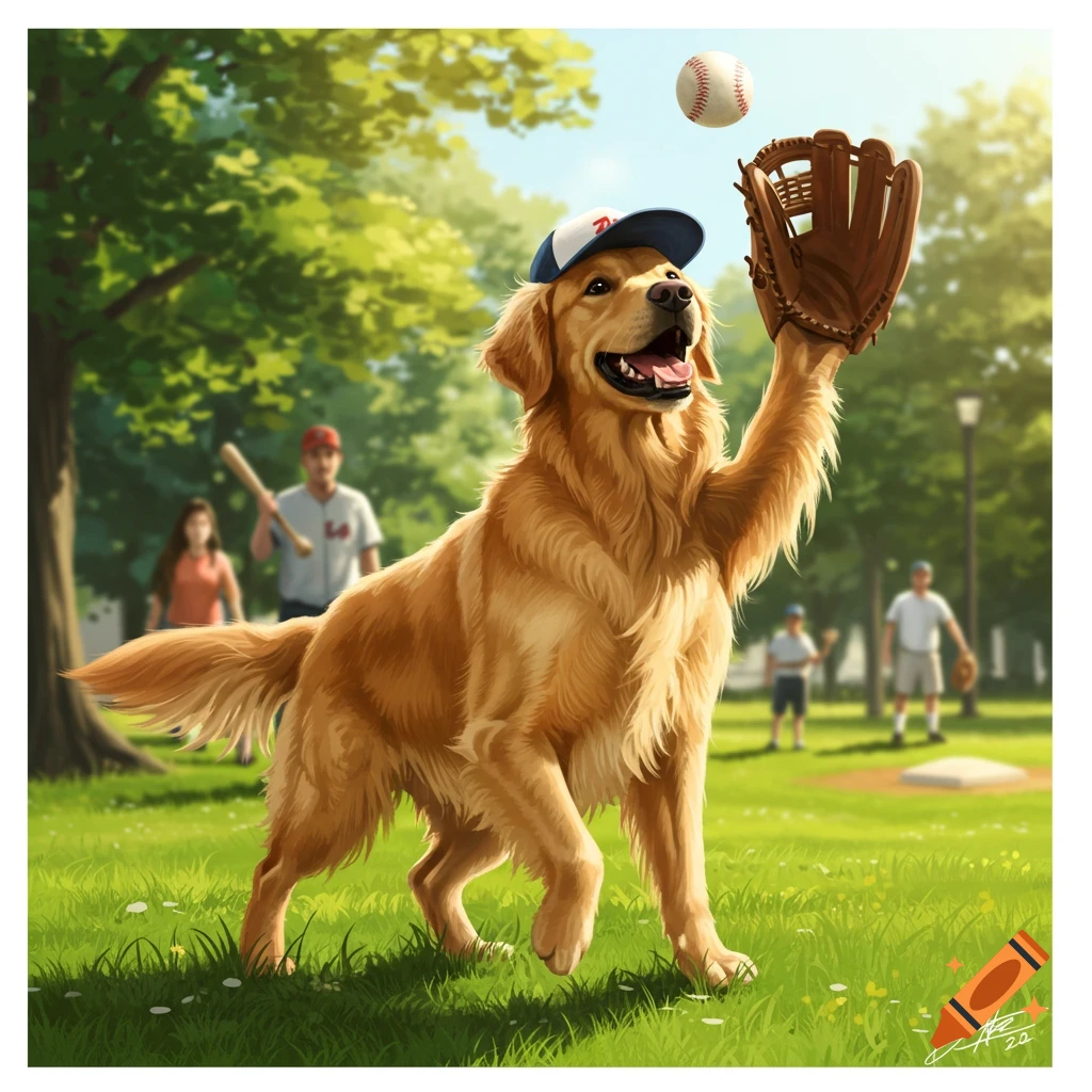 An anthropomorphic golden retriever wearing a baseball cap and glove catches a baseball in a park, with people in the background.