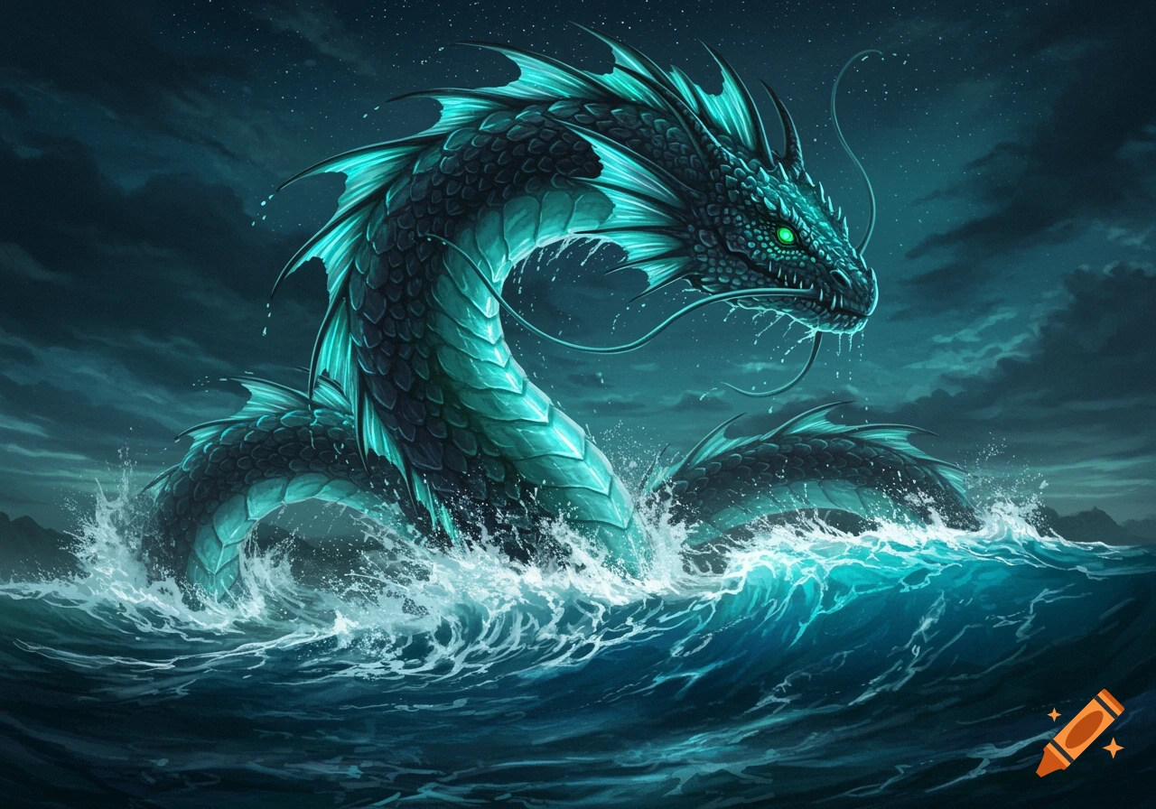 A majestic teal and black sea monster with glowing green eyes rises from turbulent ocean waves under a dark, starry sky, fantasy art.