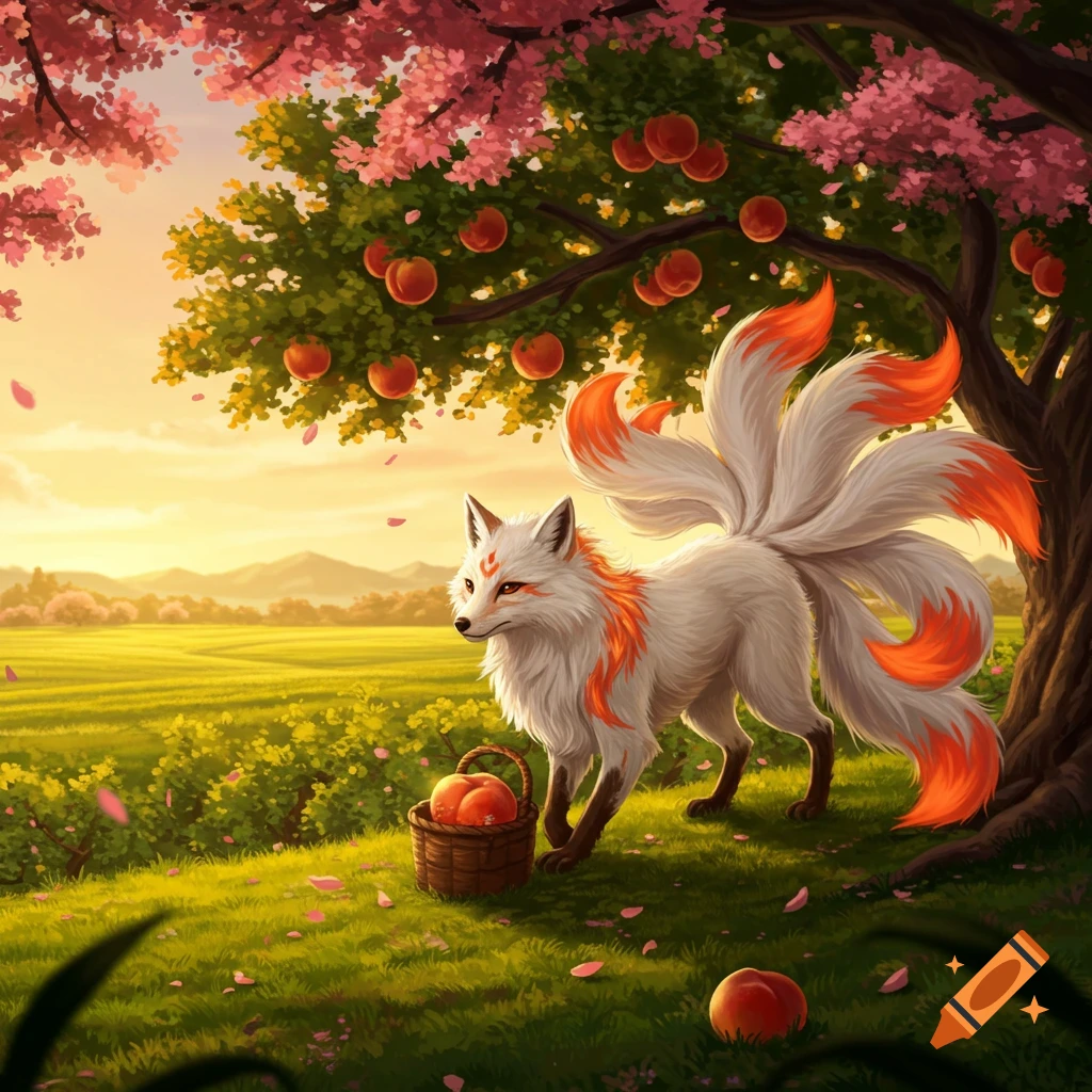 A white kitsune with nine orange-tipped tails stands next to a basket of fruits under a blossoming fruit tree in a grassy field at sunset.
