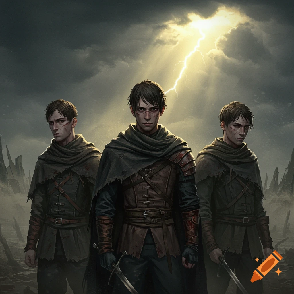 Three grim young men in ragged cloaks and armor with swords stand under a stormy, lightning-lit sky in dark fantasy art.