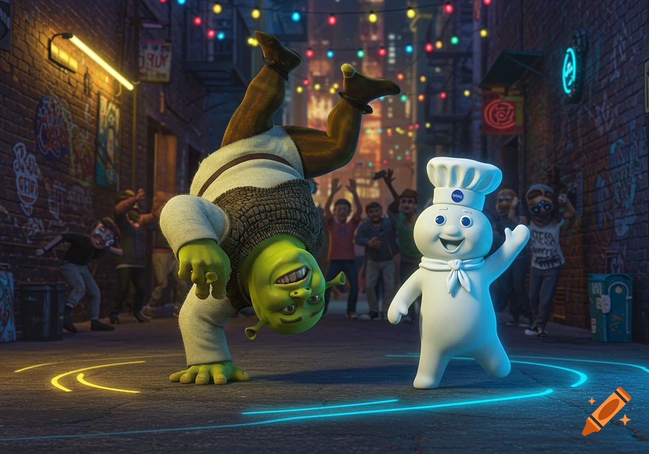 Shrek breakdances upside down next to Pillsbury Doughboy in a vibrant, neon-lit city alley with a cheering crowd.