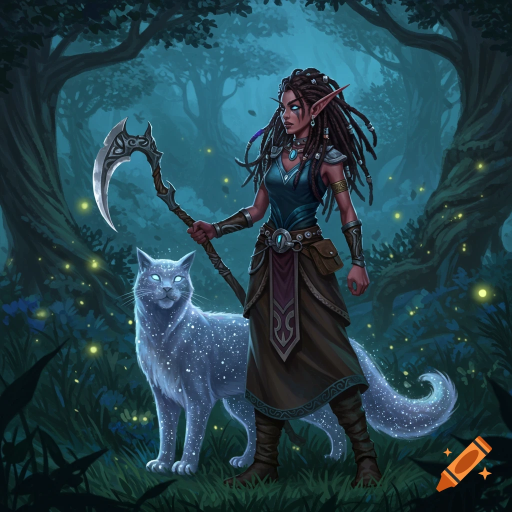 A dark-skinned elf-like woman with dreadlocks and a scythe stands next to a glowing white cat in a mystical forest.