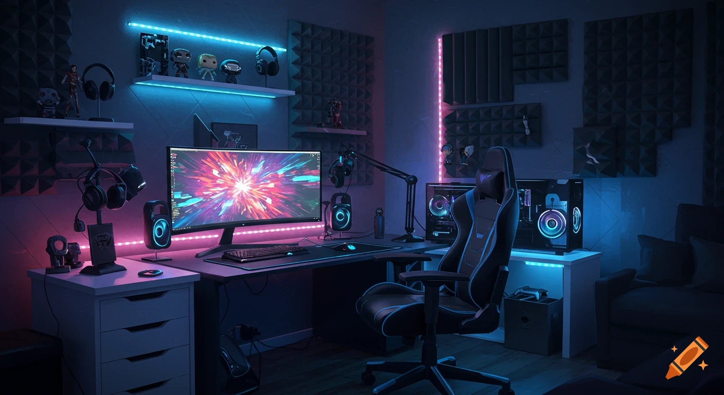 A vibrant neon-lit gaming setup with multiple monitors, headphones, a gaming chair, and shelves displaying figurines in a dark room.