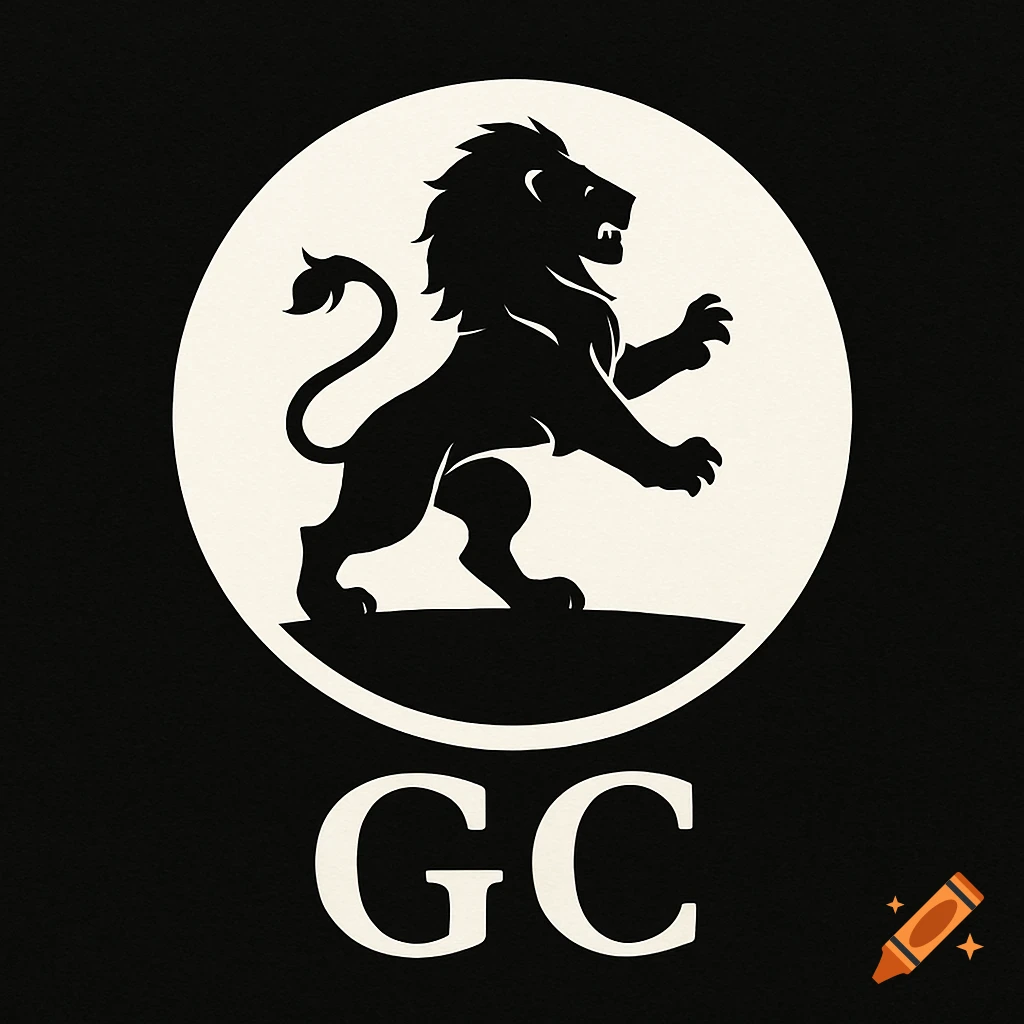 A black silhouette of a heraldic lion inside a white circle, with the letters GC below, on a black background.