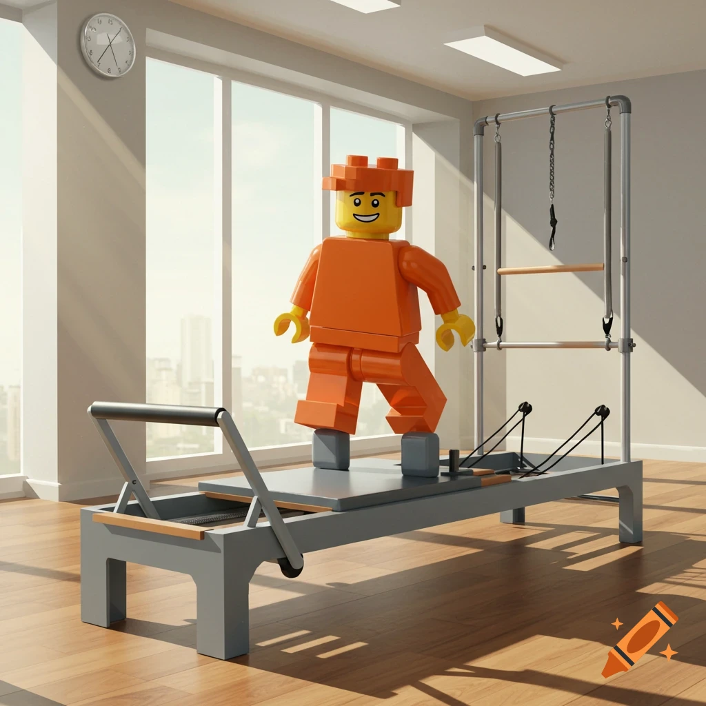 An orange Lego figure stands on a pilates reformer machine in a sunlit room with large windows.