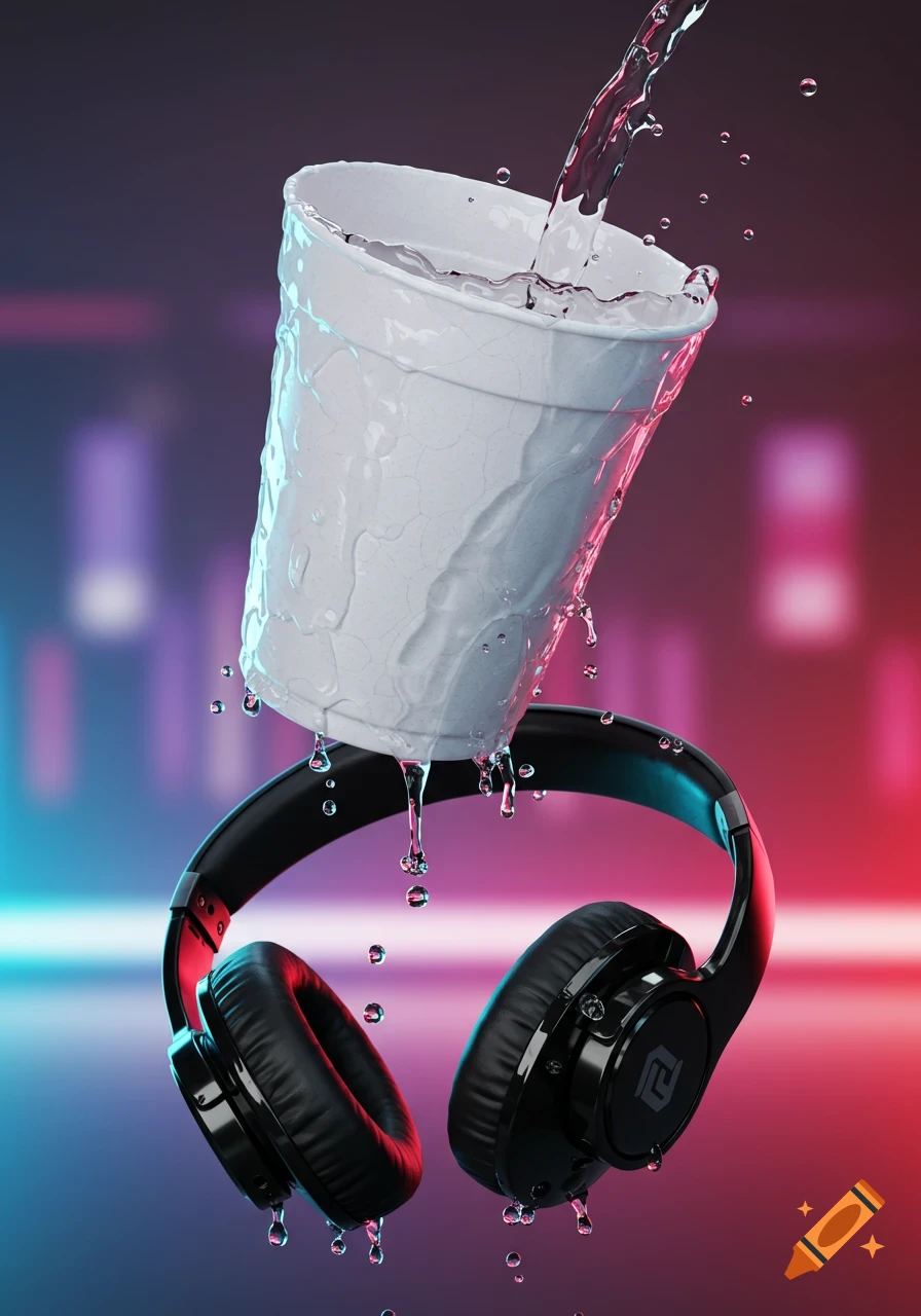 Water pours from a white styrofoam cup, dripping onto black headphones below, against a gradient background.