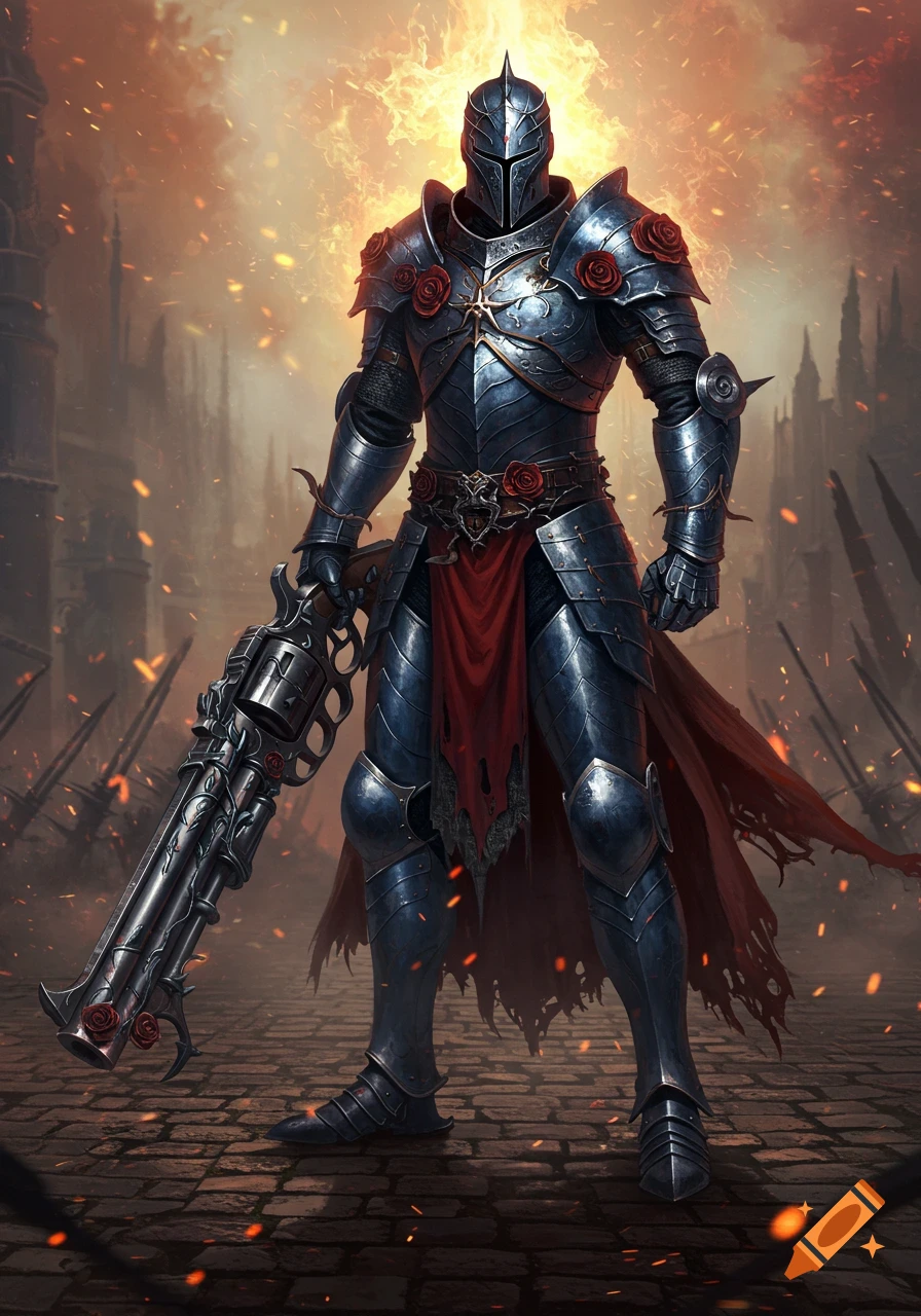Mysterious gunslinging knight in ornate dark armor with red roses, wielding a mythical revolver, against a fiery, ruined city background.