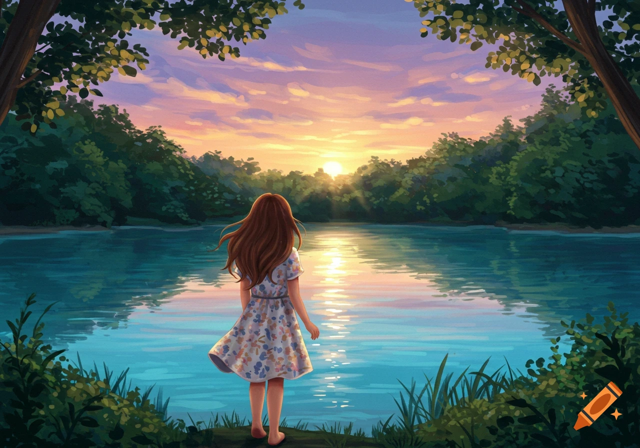 A girl stands by a lake at sunset, looking out at the colorful sky and water reflections. Illustrated style.