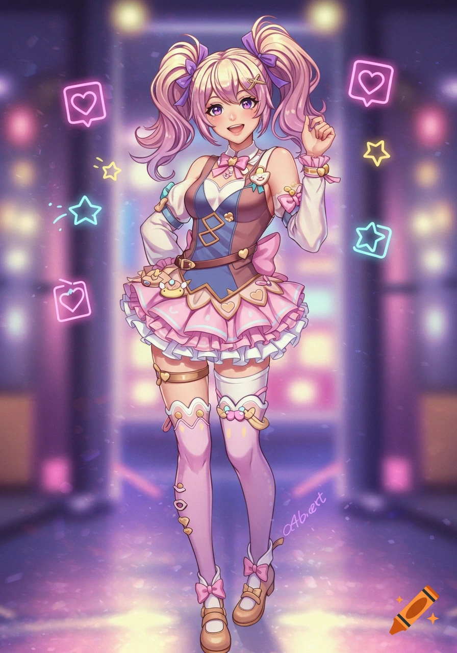 A cute, smiling anime girl with pink pigtails and purple eyes, wearing a pink, blue, and brown fantasy-style outfit.