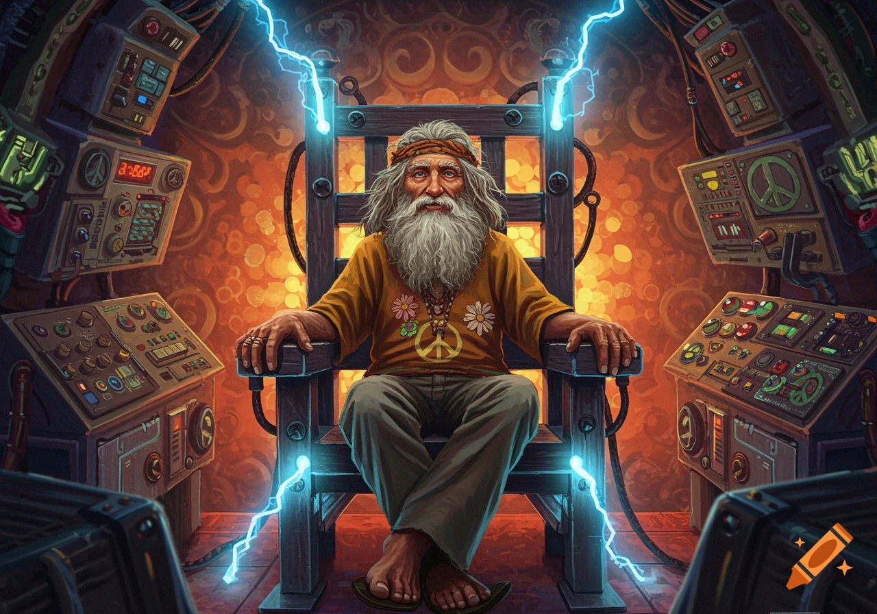 An old, long-haired man with a beard and peace symbols on his shirt sits in a high-backed wooden chair, surrounded by glowing blue electricity and intricate sci-fi control panels.