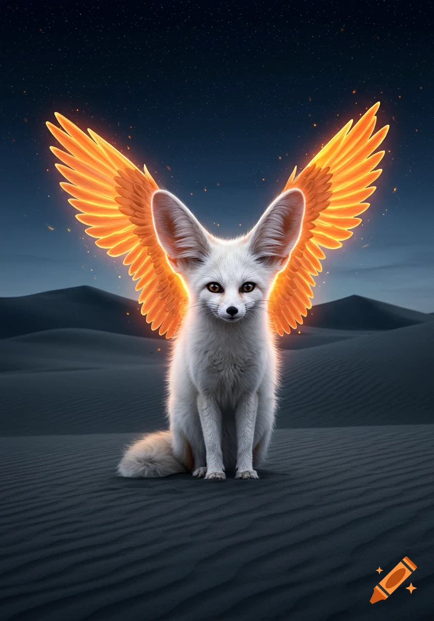 A white fennec fox with glowing orange wings sits in a desert at night under a starry sky.