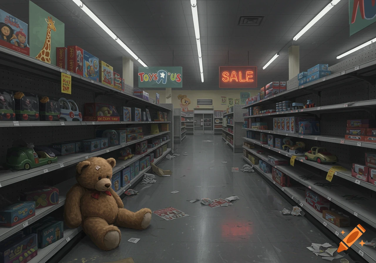 A sad, dim toy store with mostly empty shelves, scattered debris, and a large teddy bear sitting alone on the floor. Signs for "Toys R Us" and "SALE" are visible.