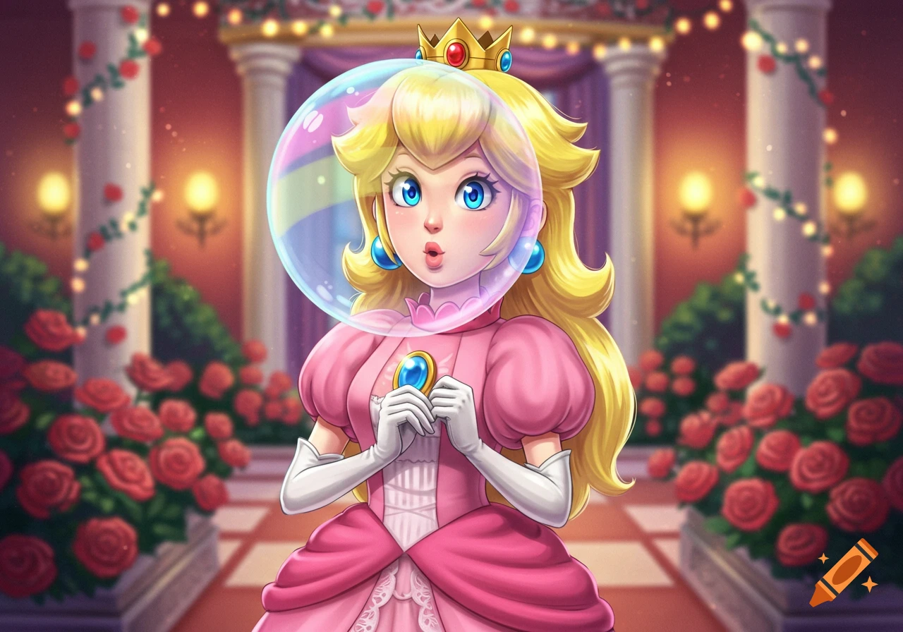 Princess Peach with blonde hair and a crown, wearing a pink dress and white gloves, with a clear bubble around her face. She stands in a room decorated with red roses and pillars.