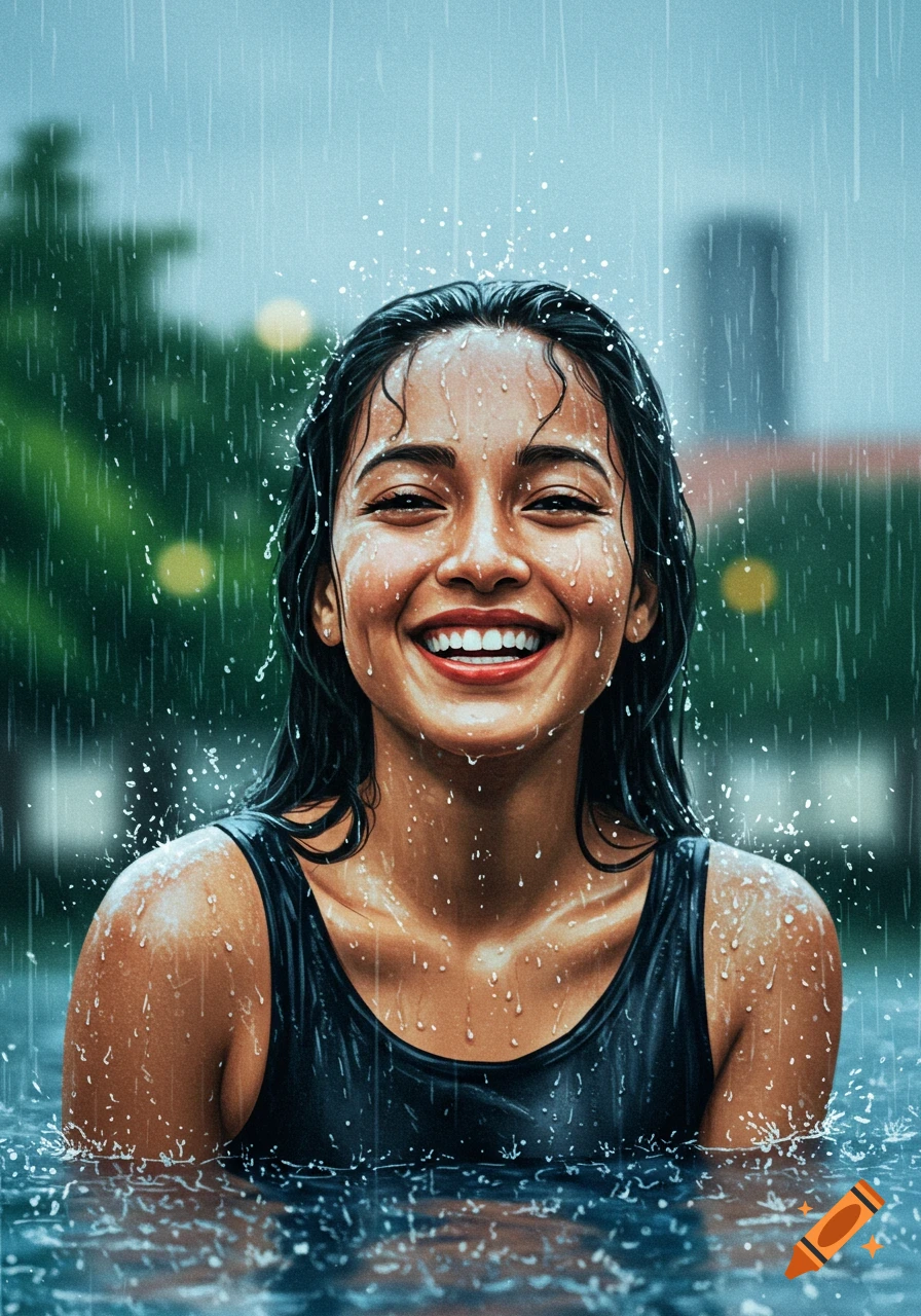 A smiling woman in a black tank top stands in the rain, with water splashing around her.